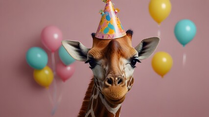 Giraffe in Birthday Hat with Balloons
