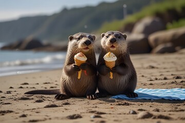 Cute Otters Enjoying Ice Cream
