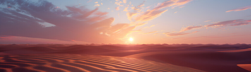 A beautiful sunset over a desert landscape. The sky is filled with clouds and the sun is setting, casting a warm glow over the sand dunes. The scene is serene and peaceful - obrazy, fototapety, plakaty