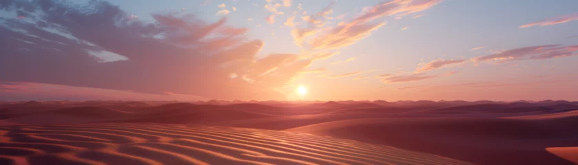 Fotobehang A beautiful sunset over a desert landscape. The sky is filled with clouds and the sun is setting, casting a warm glow over the sand dunes. The scene is serene and peaceful © tracy