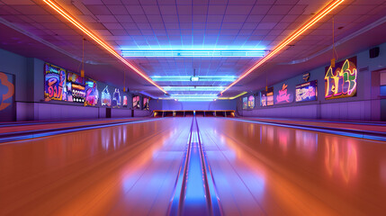 A bowling alley with neon lights and neon signs. The neon lights are bright and colorful, creating a fun and energetic atmosphere. The neon signs are also colorful and eye-catching - obrazy, fototapety, plakaty