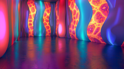 A room with a blue wall and a purple wall. The room is lit up with neon lights - Powered by Adobe