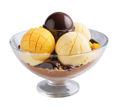 Mango icecream with flowing chocolate sauce and mango fruit pieces. Sweet dessert in glass bowl. Png isolated on transparent background, realistic illustration
