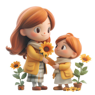 A 3D animated cartoon render of a sweet little one offering sunflowers to their mom.