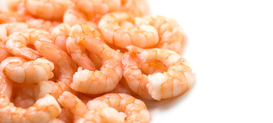 Shrimps. Fresh peeled Prawns isolated on white background.  Preparing healthy seafood, cooking, diet, nutrition concept. Sea food, border design
