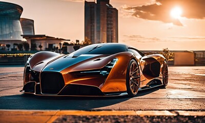 luxury sports car sunset scene.with Generative AI technology