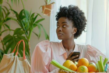dark-skinned woman orders groceries online. celery, fruits, vegetables. eco bag. order via the Internet. delivery - obrazy, fototapety, plakaty
