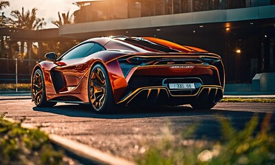 luxury sports car sunset scene.with Generative AI technology