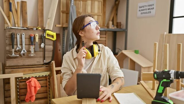 A focused brunette woman in safety glasses and headphones designs in a carpentry workshop.