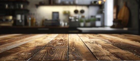 Close-up of a wooden table in a cozy kitchen setting with a slightly blurred background - obrazy, fototapety, plakaty