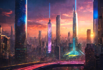Peaceful high-tech futuristic large city in evening light. Aerial skyline.