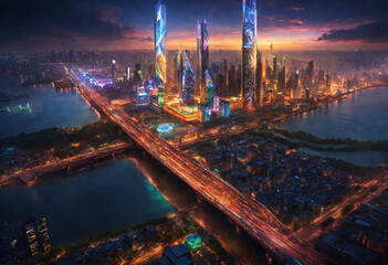 Peaceful high-tech futuristic large city in evening light. Aerial skyline.