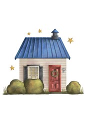baby doll house with stars watercolor illustration