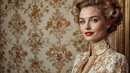 Radiant Beauty: Portrait of a Woman with Lustrous Hair and Vibrant Blue Eyes on Beige Backdrop