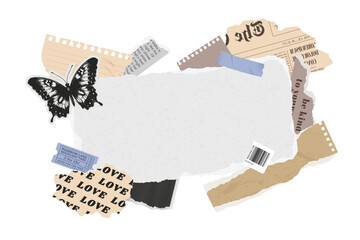Vector collage banner of torn paper and old icons. Modern trendy retro styleTorn newspaper, retro flower, butterfly stamp, rip notebook sheets, handwriting quotes, craft notepaper, old grunge paper. 