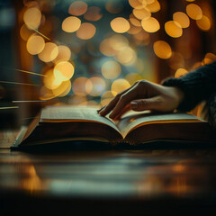 Background blur, hand spreading open a book, beautiful, on the table.