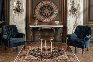 An elegant space with a luxurious Persian short rug as the centerpiece, surrounded by plush velvet chairs and a marble-topped console table.