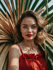 Woman Wearing Red Dress And Red Lipstick, A Portrait of Red-Lipped Beauty Amidst Palm Leaves, Enigmatic Elegance