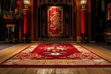 Chinese silk rug in auspicious red and imperial gold, placed at the center, symbolizes prosperity. - obrazy, fototapety, plakaty
