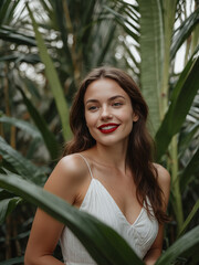 Woman Wearing White Dress And Red Lipstick, A Portrait of Red-Lipped Beauty Amidst Palm Leaves, Enigmatic Elegance