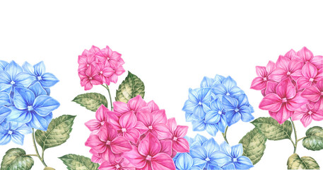 Frame of color hydrangea flowers. Invitation card border template for wedding. Watercolor botanical illustration - 779238731