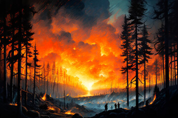 Forest fire disaster, trees burning at night. Wildfire nature destruction. Generative AI