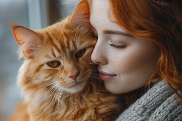 A serene woman with auburn hair softly touches her orange tabby cat, a bond of love evident