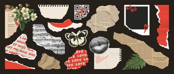 Plakaty  Collage set of wrinkled paper sheets, rip notepaper, scrap music sheet, retro gazette, torn newspaer, stamp butterfly, plants, mouth. Trendy collage vector set, retro modern stickers.