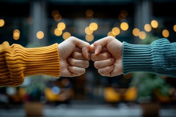 Close-up of two individuals fist bumping, symbolizing agreement or celebration, with a beautiful bokeh light background