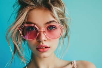 Beautiful young woman in pink sunglasses over the blue background