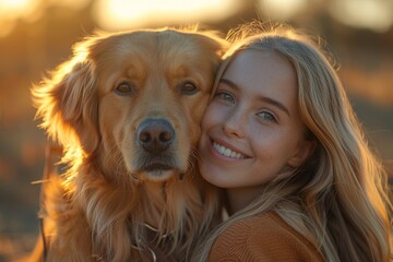 A smiling young woman with freckles posing with a golden retriever during a sunset in the countryside