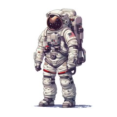 A detailed illustration of an astronaut in a white spacesuit equipped with life-support backpack, helmet, and American flag patch - obrazy, fototapety, plakaty