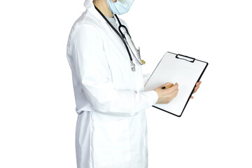 Female therapist in a white coat takes notes on a tablet isolated on a white background. Copy space, Medical care and examination, healthcare and treatment