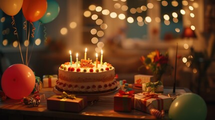 Warmly lit birthday party scene with glowing candles on a cake, balloons, gifts, and confetti.