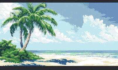 A serene pixel art depiction of a tropical beach with lush palm trees and expansive shorelines, evoking a sense of calm and relaxation
