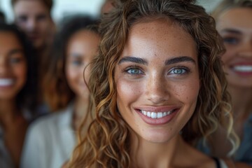 Fototapeta premium Detailed portrait of a young woman with captivating green eyes and curly hair