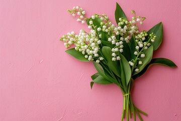 Elegant Lily of the Valley bouquet with lush green leaves, beautifully laid out on a soothing pink backdrop, showcasing spring's natural beauty