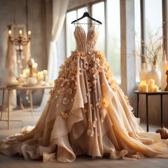 Elegant beige wedding dress decorated with flowers. Sale of luxury exclusive wedding dresses. Wedding salon. Individual tailoring of dresses for the bride. Wedding, evening dress, ballroom dancing.