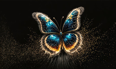 Golden Glow: A Butterfly with Golden Dust Radiates Against a Nighttime Sky