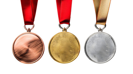 real Gold, silver and bronze medals hanging on red ribbons isolated on white background. - obrazy, fototapety, plakaty