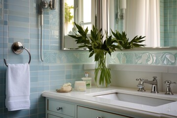 A bright bathroom boasts modern amenities and a fresh feel, featuring blue tiled walls, a large mirror, and green plants adding a natural touch