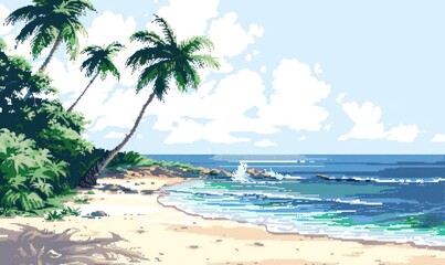 A serene pixel art illustration of a tropical beach with palm trees, clear sky, and tranquil ocean waves hitting the shore, invoking a nostalgic and peaceful vibe