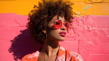 A fashion-forward woman with a curly afro and chic red sunglasses stands against a vibrant pink and yellow wall, radiating confidence and style