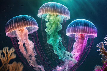 Colorful jellyfish in the deep sea.