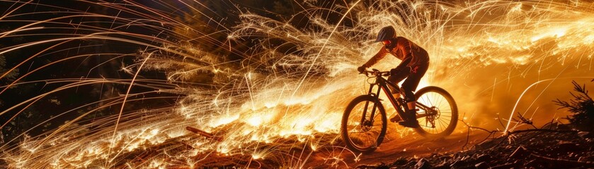 A mountain biker rides trails leaving a trail of electric sparks and donuts - obrazy, fototapety, plakaty