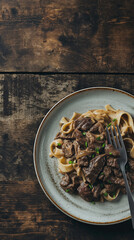 Overhead of beef stroganoff with copy space
