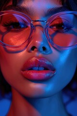 Intense fashion model portrait with neon lights and bold makeup.