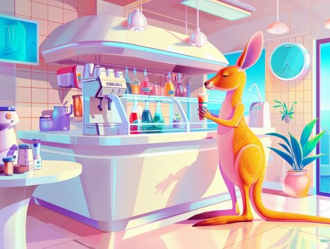 Bright, colorful illustration of a kangaroo making smoothies in a white, futuristic cafe