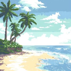 A serene pixel art depiction of a tropical beach with lush palm trees and a tranquil ocean, invoking a nostalgic 8-bit era aesthetic