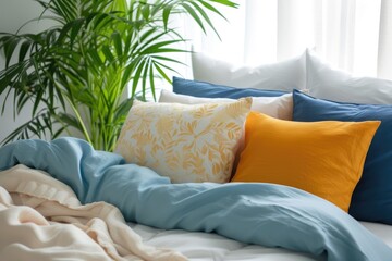 A restful bedroom setting showcases crisp bedding with a splash of teal, fresh springtime feel. Organic cotton bed linen